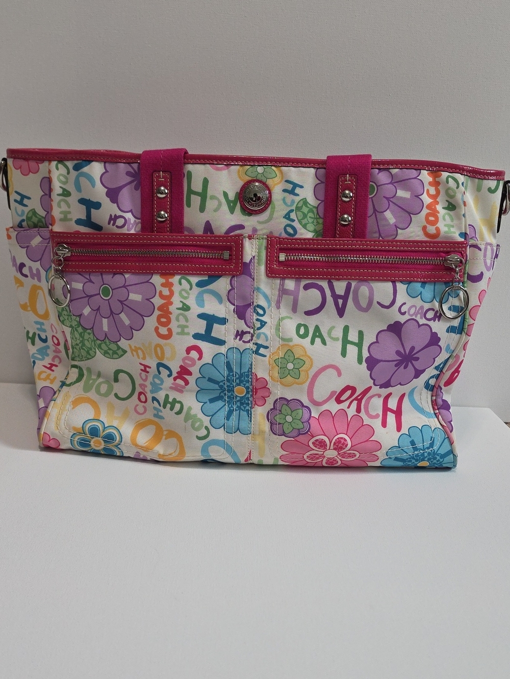 Coach Multicolor Floral Logo Tote with Pink Trim and Handles (Diaper Bag)